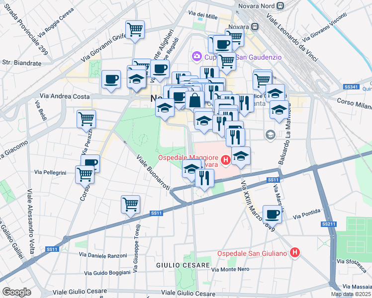 map of restaurants, bars, coffee shops, grocery stores, and more near Viale Filippo Turati in Novara