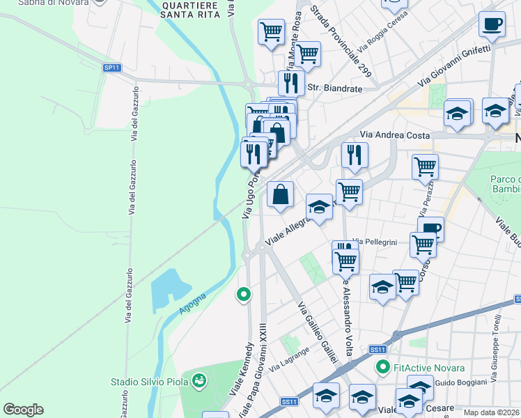 map of restaurants, bars, coffee shops, grocery stores, and more near 16 Via Madre Teresa di Calcutta in Novara