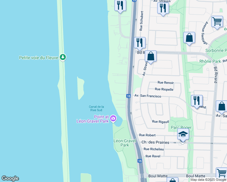 map of restaurants, bars, coffee shops, grocery stores, and more near 8858 Rue Rhoda in Brossard