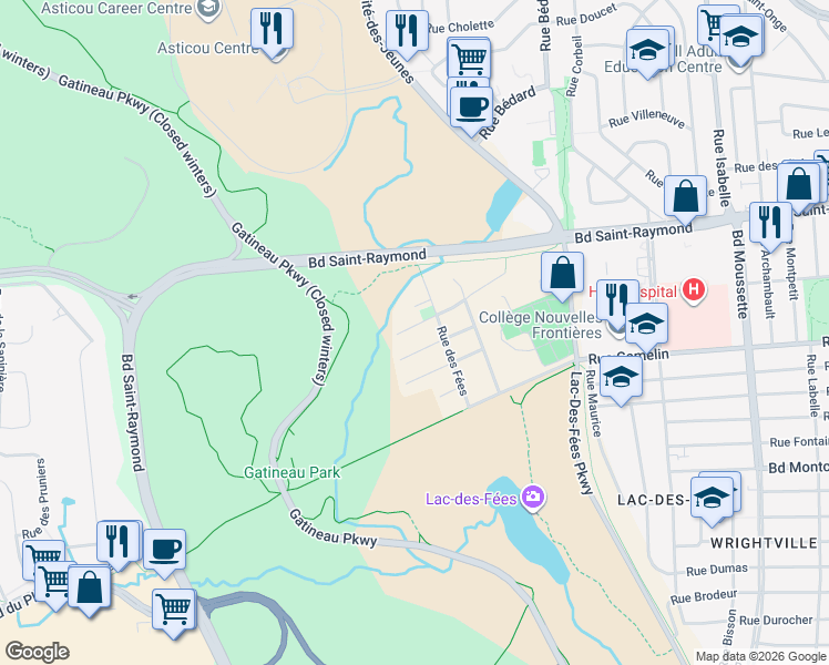 map of restaurants, bars, coffee shops, grocery stores, and more near 28 Rue des Lutins in Gatineau