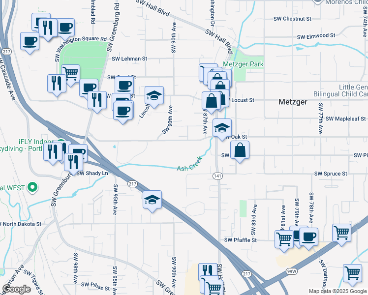 map of restaurants, bars, coffee shops, grocery stores, and more near 8910 Southwest Oak Street in Tigard