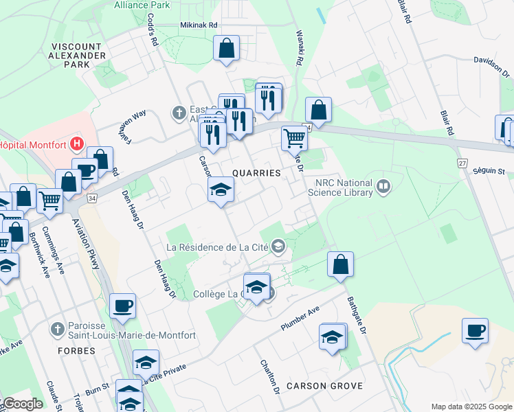 map of restaurants, bars, coffee shops, grocery stores, and more near 689 Crystal Street in Ottawa