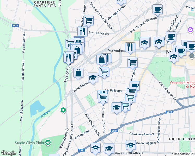 map of restaurants, bars, coffee shops, grocery stores, and more near 12 Viale Allegra Giacomo in Novara