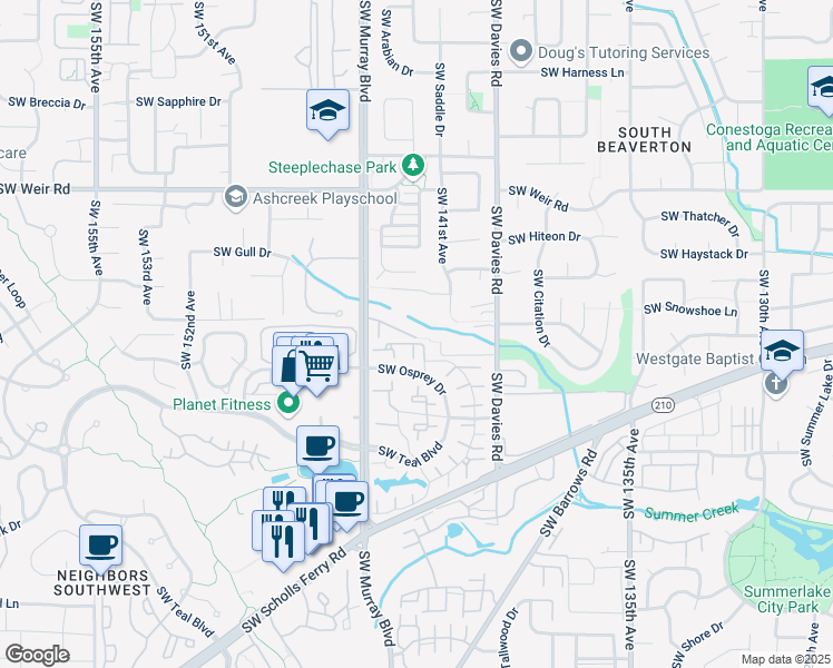 map of restaurants, bars, coffee shops, grocery stores, and more near 14185 Southwest Cougar Ridge Drive in Beaverton