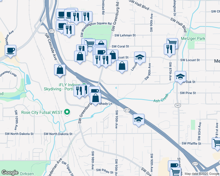 map of restaurants, bars, coffee shops, grocery stores, and more near 9388-9550 SW Oak St in Tigard