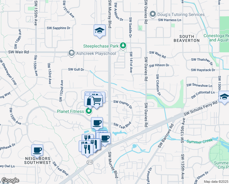 map of restaurants, bars, coffee shops, grocery stores, and more near 10530 Southwest Cougar Lane in Beaverton