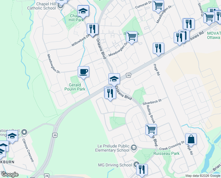 map of restaurants, bars, coffee shops, grocery stores, and more near 6009 Pineglade Crescent in Ottawa