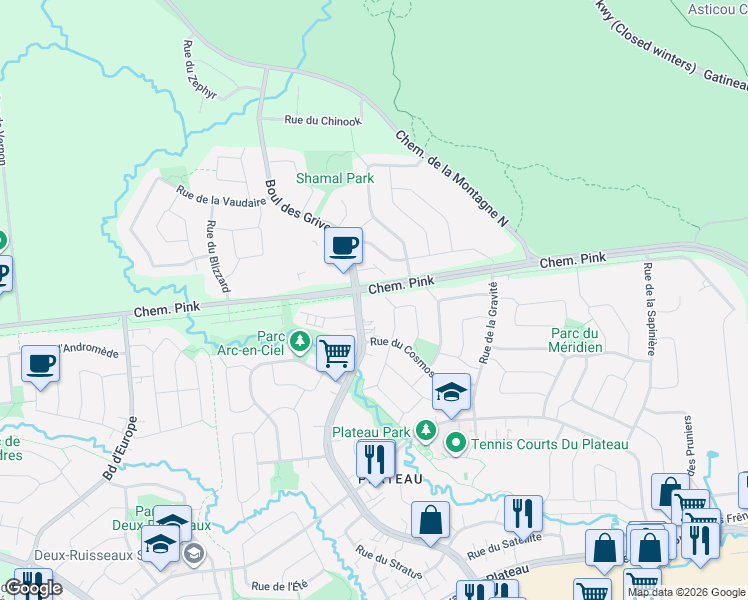 map of restaurants, bars, coffee shops, grocery stores, and more near 520 Boulevard des Grives in Gatineau