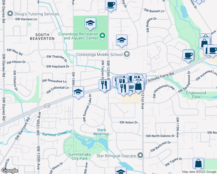 map of restaurants, bars, coffee shops, grocery stores, and more near Southwest Scholls Ferry Road & Southwest 125th Avenue in Beaverton