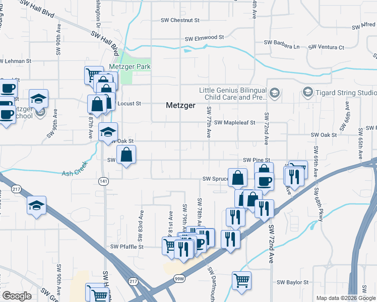 map of restaurants, bars, coffee shops, grocery stores, and more near 10534 Southwest 80th Avenue in Portland