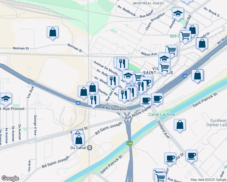 map of restaurants, bars, coffee shops, grocery stores, and more near in Montreal