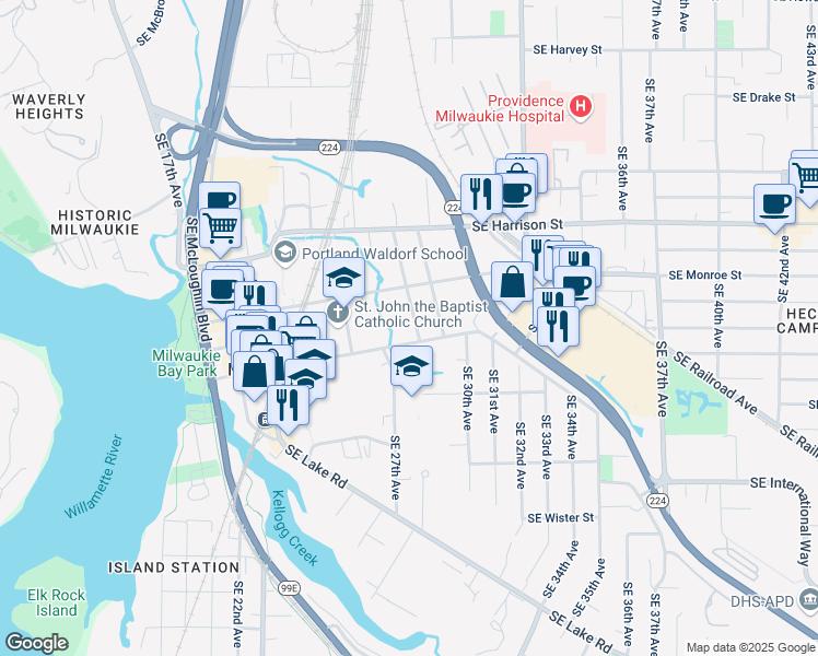 map of restaurants, bars, coffee shops, grocery stores, and more near 11009 Southeast 28th Avenue in Milwaukie