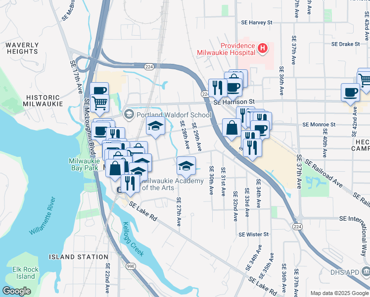 map of restaurants, bars, coffee shops, grocery stores, and more near 11009 Southeast 28th Avenue in Milwaukie