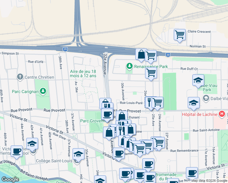 map of restaurants, bars, coffee shops, grocery stores, and more near 740 32e Avenue in Montréal