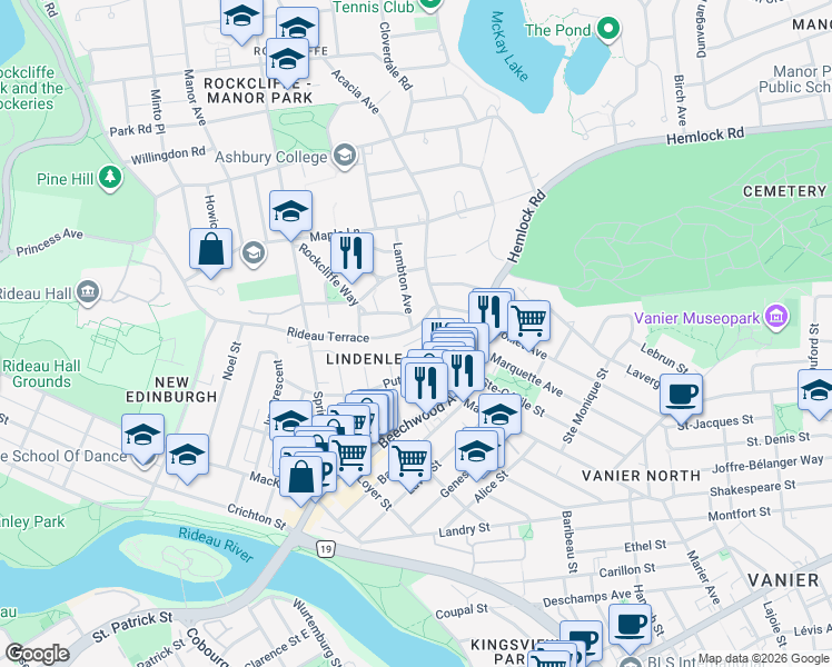 map of restaurants, bars, coffee shops, grocery stores, and more near 216 Rideau Terrace in Ottawa