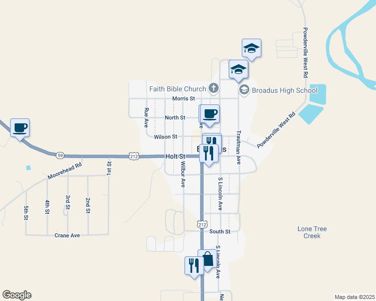 map of restaurants, bars, coffee shops, grocery stores, and more near 121 Holt Street in Broadus