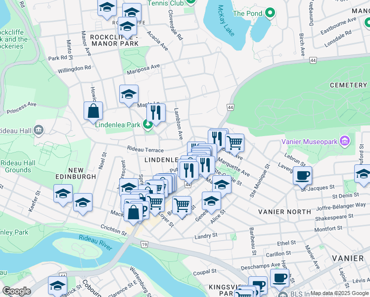 map of restaurants, bars, coffee shops, grocery stores, and more near 216 Rideau Terrace in Ottawa