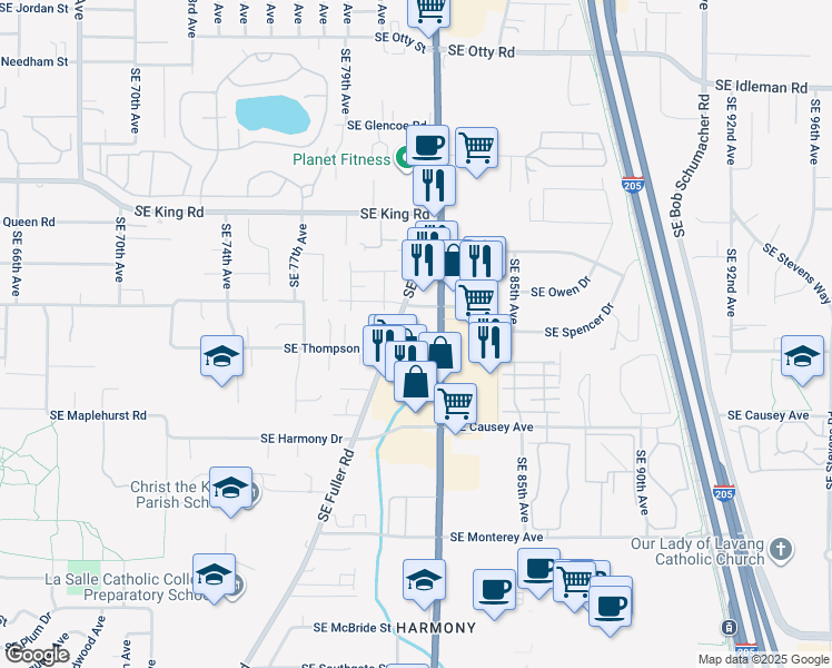 map of restaurants, bars, coffee shops, grocery stores, and more near 11021 Southeast 82nd Avenue in Portland