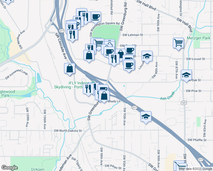 map of restaurants, bars, coffee shops, grocery stores, and more near Southwest Greenburg Road in Tigard