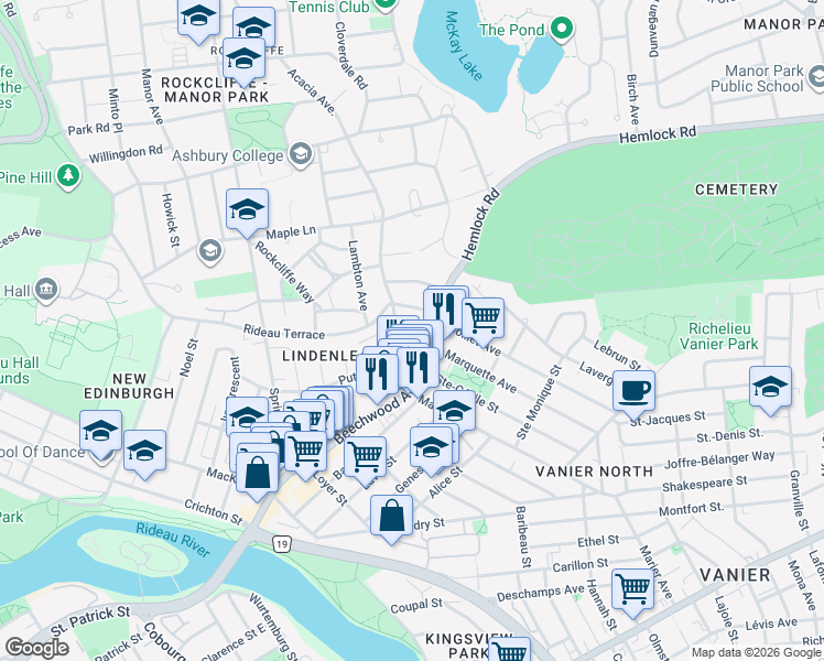 map of restaurants, bars, coffee shops, grocery stores, and more near Black Maple Private in Ottawa