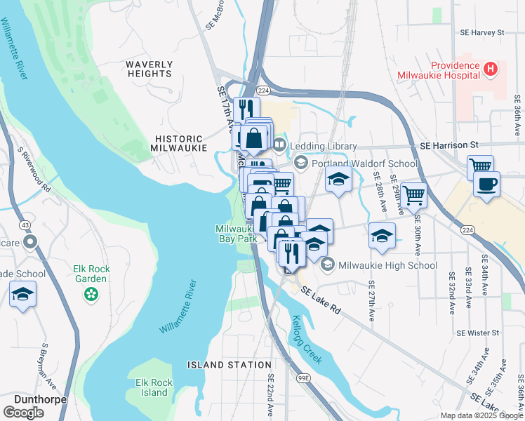 map of restaurants, bars, coffee shops, grocery stores, and more near 1991 Southeast Monroe Street in Milwaukie