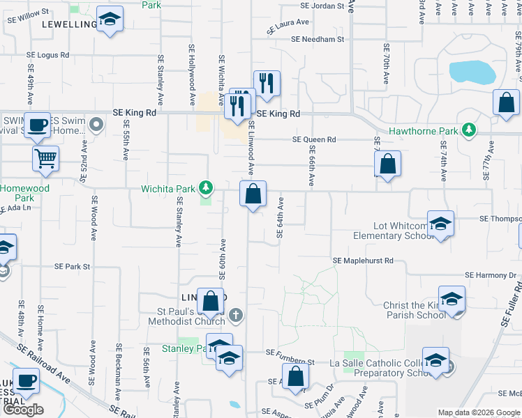 map of restaurants, bars, coffee shops, grocery stores, and more near 10926 Southeast Linwood Avenue in Milwaukie