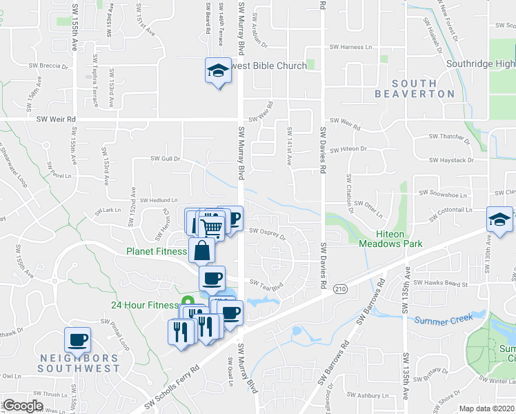 map of restaurants, bars, coffee shops, grocery stores, and more near 14275 Southwest Cougar Ridge Drive in Beaverton