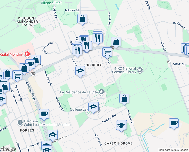 map of restaurants, bars, coffee shops, grocery stores, and more near 689 Crystal Street in Ottawa