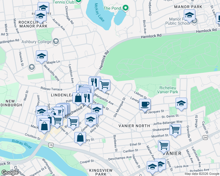 map of restaurants, bars, coffee shops, grocery stores, and more near in Ottawa