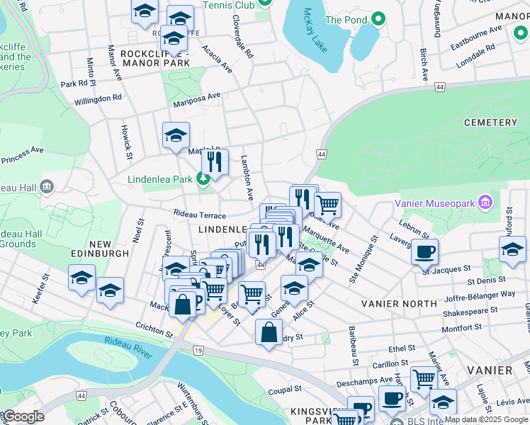 map of restaurants, bars, coffee shops, grocery stores, and more near 66 Acacia Avenue in Ottawa