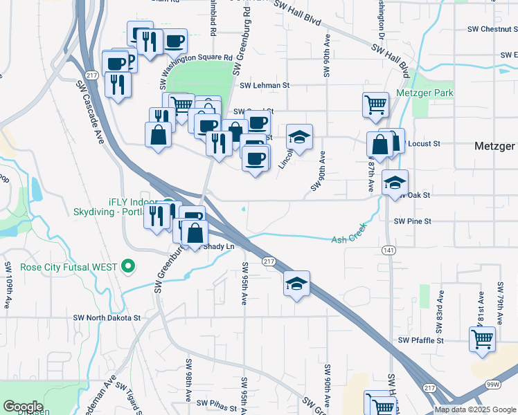 map of restaurants, bars, coffee shops, grocery stores, and more near 9420 Southwest Oak Street in Tigard