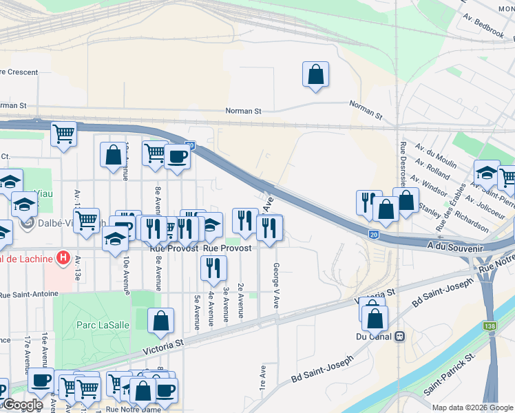 map of restaurants, bars, coffee shops, grocery stores, and more near 795 1re Avenue in Montréal
