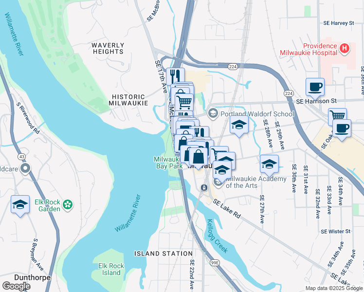 map of restaurants, bars, coffee shops, grocery stores, and more near 1991 Southeast Monroe Street in Milwaukie