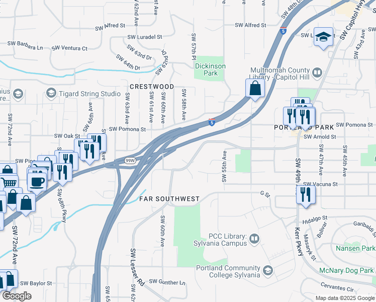 map of restaurants, bars, coffee shops, grocery stores, and more near 11240 Southwest Barbur Boulevard in Portland