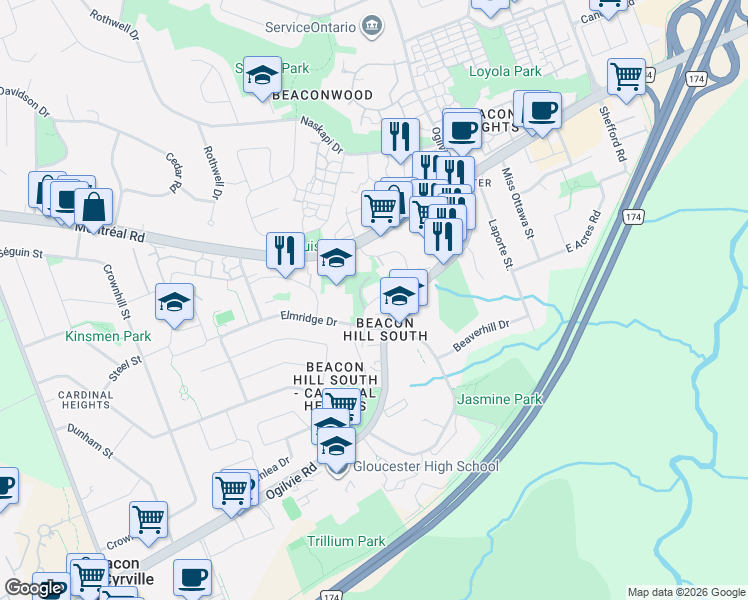 map of restaurants, bars, coffee shops, grocery stores, and more near 1477 Bethamy Lane in Ottawa