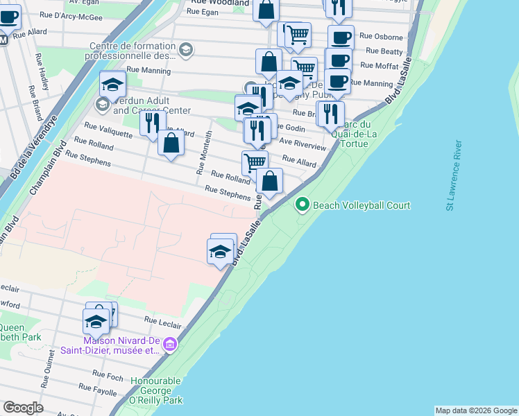 map of restaurants, bars, coffee shops, grocery stores, and more near 6527 Avenue Bannantyne in Montréal