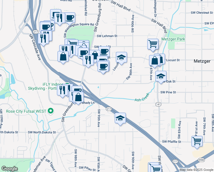 map of restaurants, bars, coffee shops, grocery stores, and more near 9388 Southwest Oak Street in Tigard