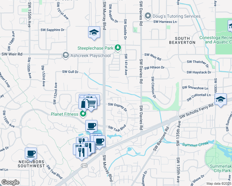 map of restaurants, bars, coffee shops, grocery stores, and more near 14275 Southwest Cougar Ridge Drive in Beaverton
