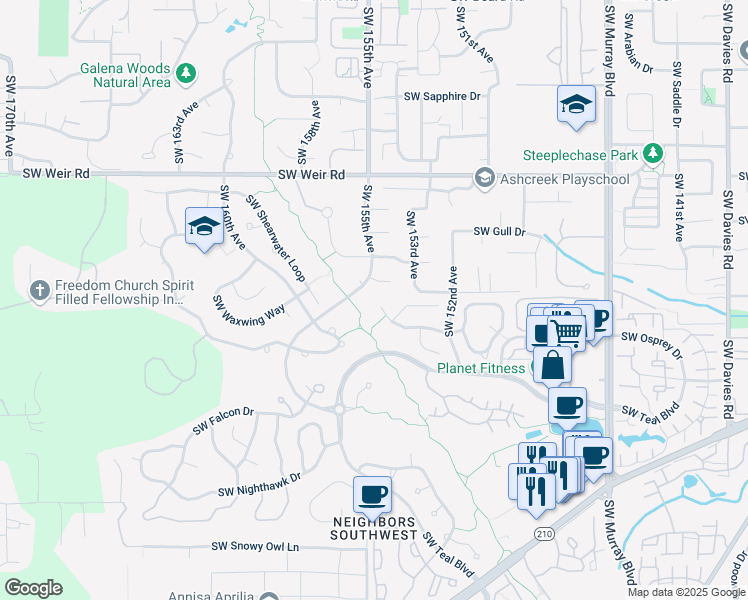 map of restaurants, bars, coffee shops, grocery stores, and more near 10510 Southwest 155th Avenue in Beaverton