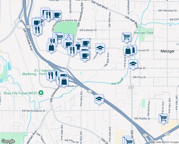 map of restaurants, bars, coffee shops, grocery stores, and more near 9360 Southwest Oak Street in Tigard