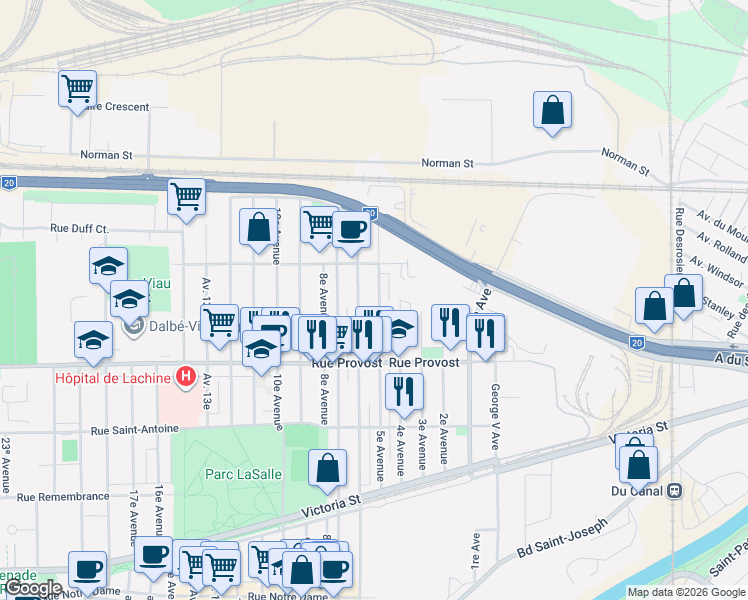 map of restaurants, bars, coffee shops, grocery stores, and more near 771 5e Avenue in Montréal