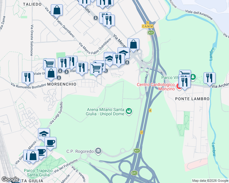 map of restaurants, bars, coffee shops, grocery stores, and more near 148 Via Romualdo Bonfadini in Milano
