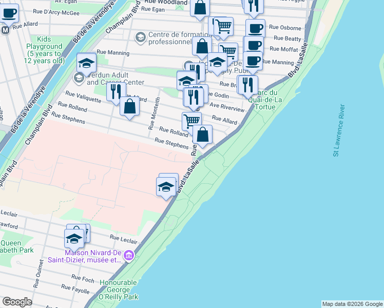 map of restaurants, bars, coffee shops, grocery stores, and more near 6527 Avenue Bannantyne in Montréal