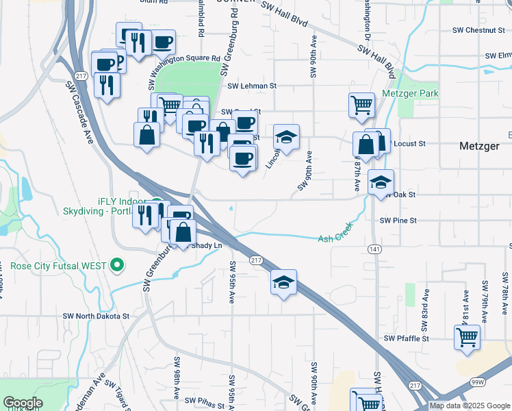 map of restaurants, bars, coffee shops, grocery stores, and more near 9360 Southwest Oak Street in Tigard
