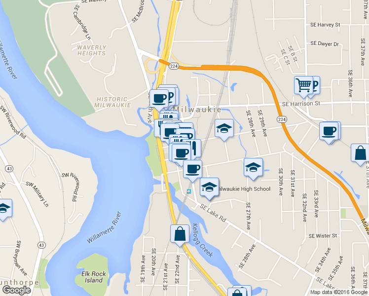 map of restaurants, bars, coffee shops, grocery stores, and more near 2036 Southeast Monroe Street in Milwaukie