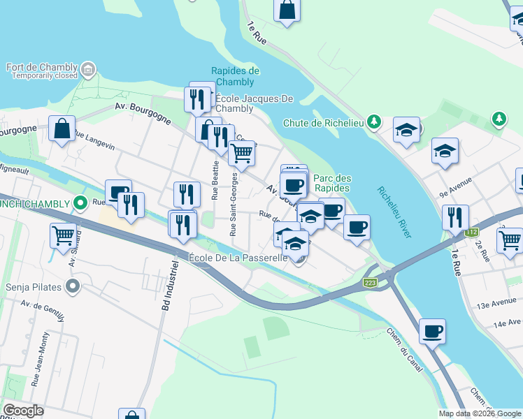 map of restaurants, bars, coffee shops, grocery stores, and more near 13 Rue des Carrières in Chambly
