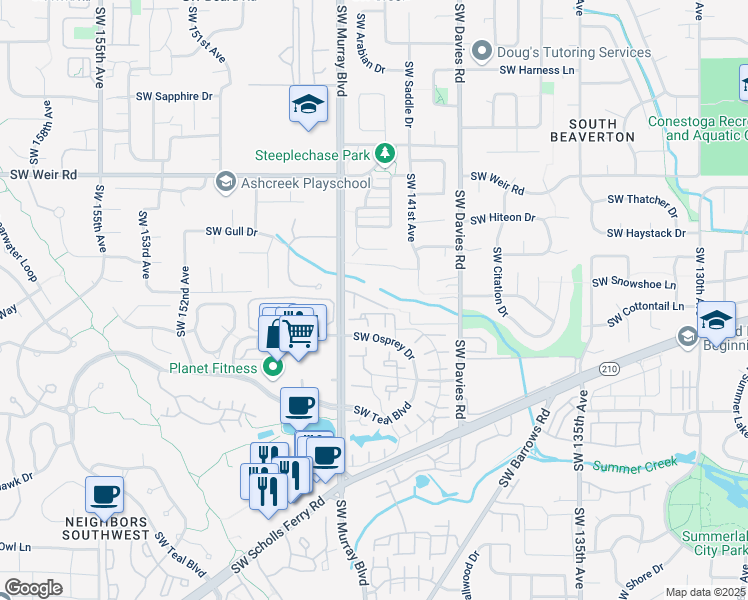 map of restaurants, bars, coffee shops, grocery stores, and more near 14275 Southwest Cougar Ridge Drive in Beaverton