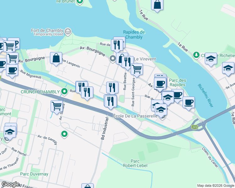 map of restaurants, bars, coffee shops, grocery stores, and more near 49 Rue Beattie in Chambly