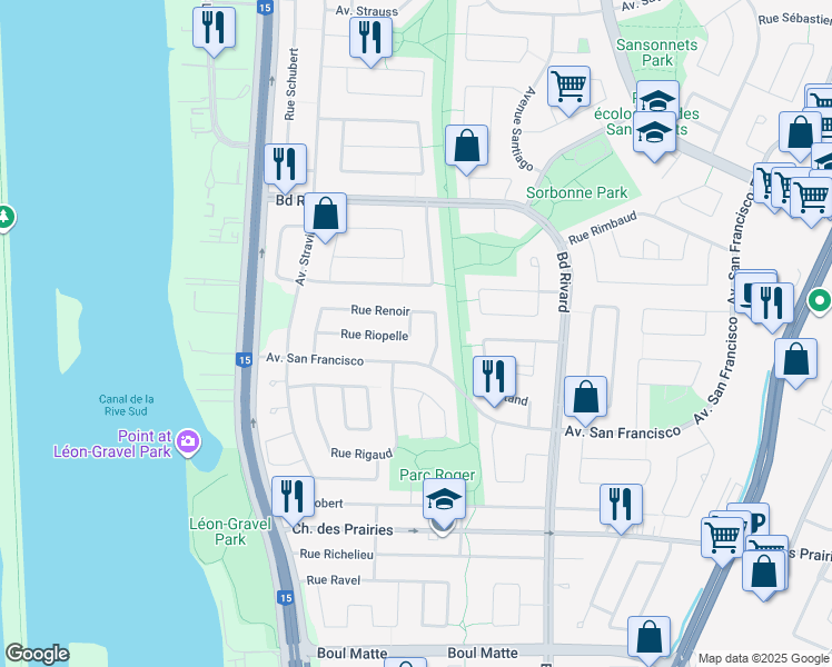 map of restaurants, bars, coffee shops, grocery stores, and more near 1040 Rue Riopelle in Brossard