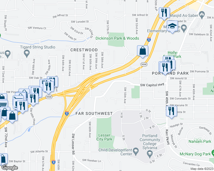 map of restaurants, bars, coffee shops, grocery stores, and more near 11240 Pacific Highway West in Portland